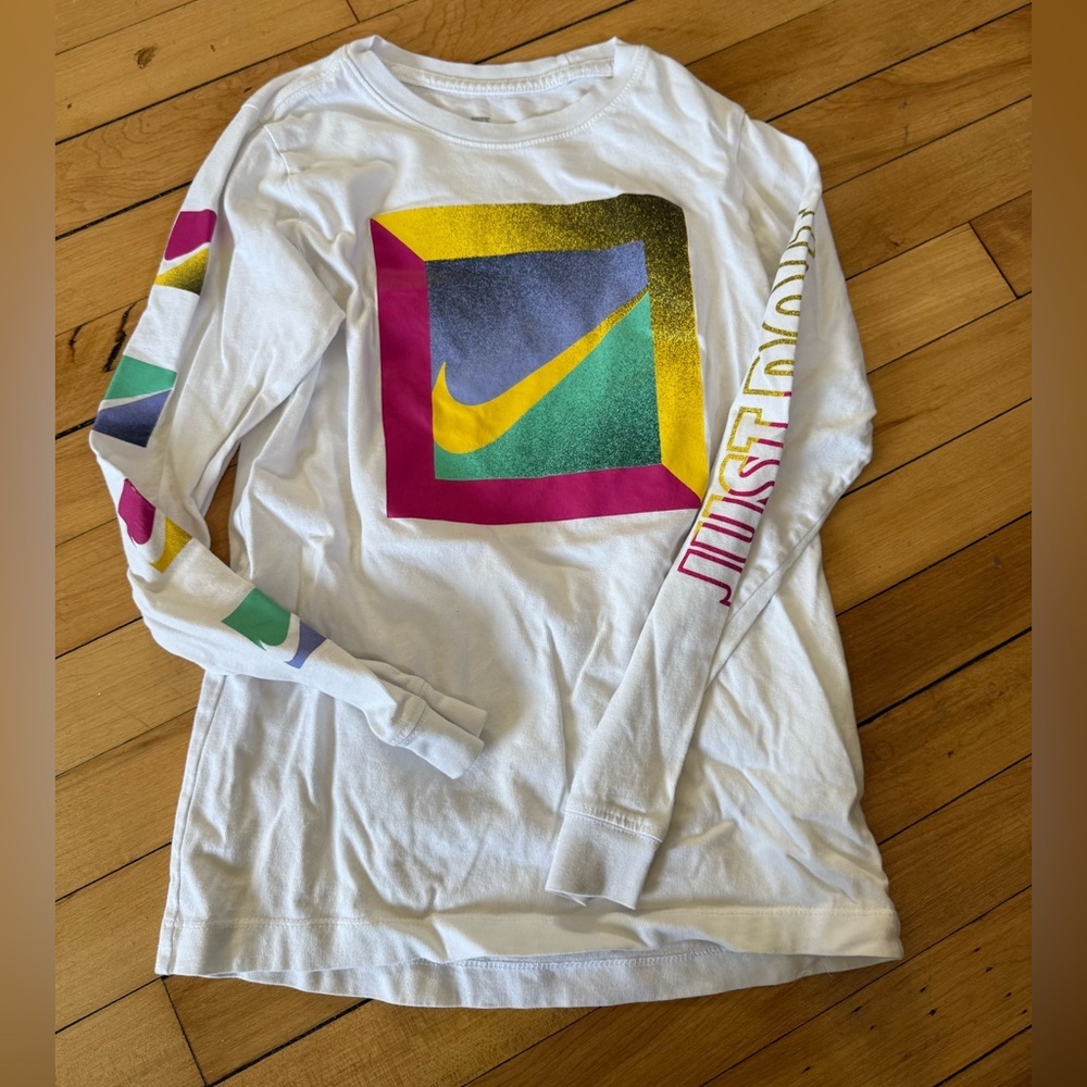 Nike white long sleeve colorful swoosh print girls shirt